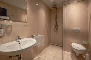 Badkamer met douche, wastafel en toilet