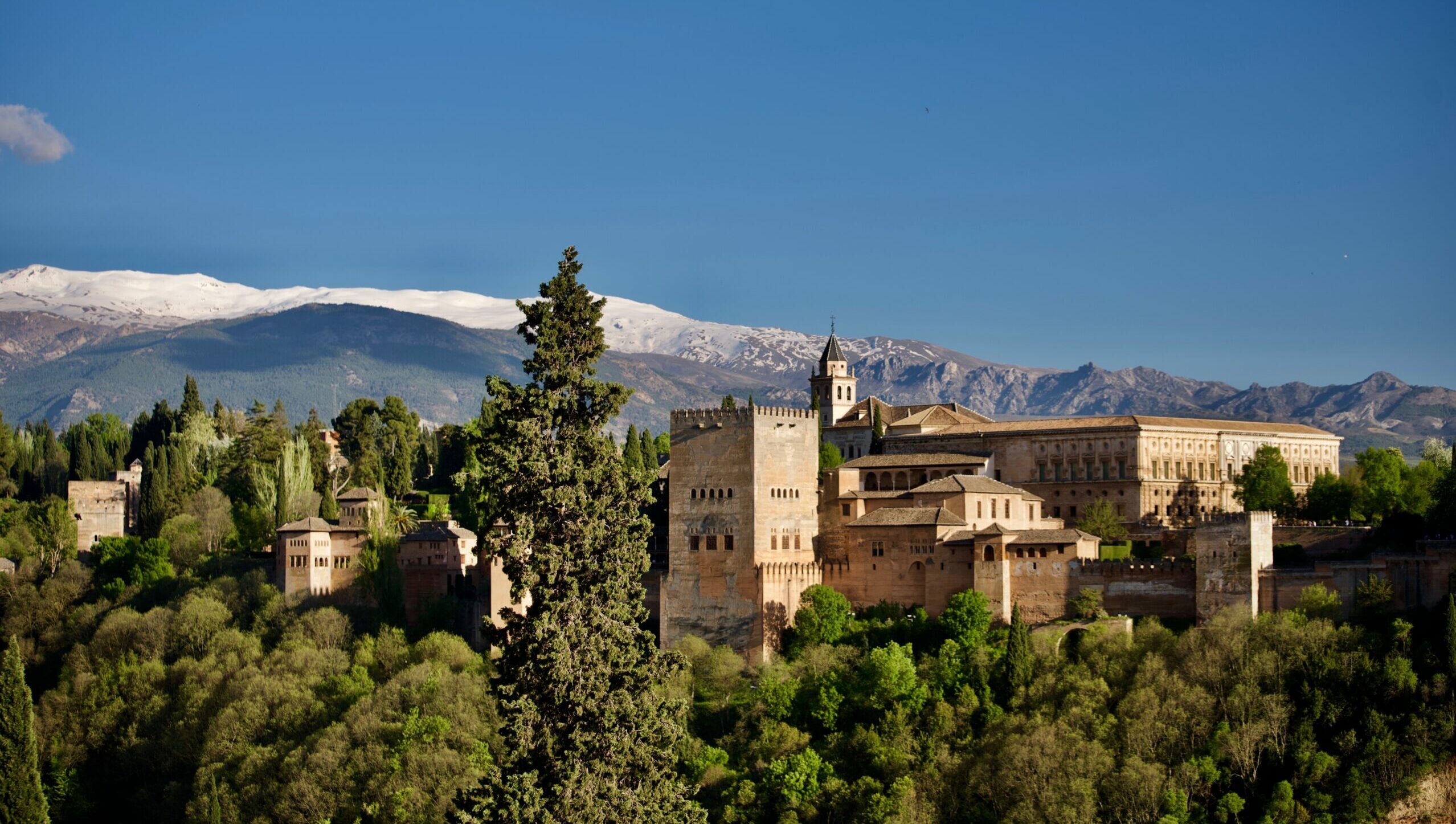 Het Alhambra in Granada met op de achtergrond de besneeuwde toppen van de Sierra Nevada