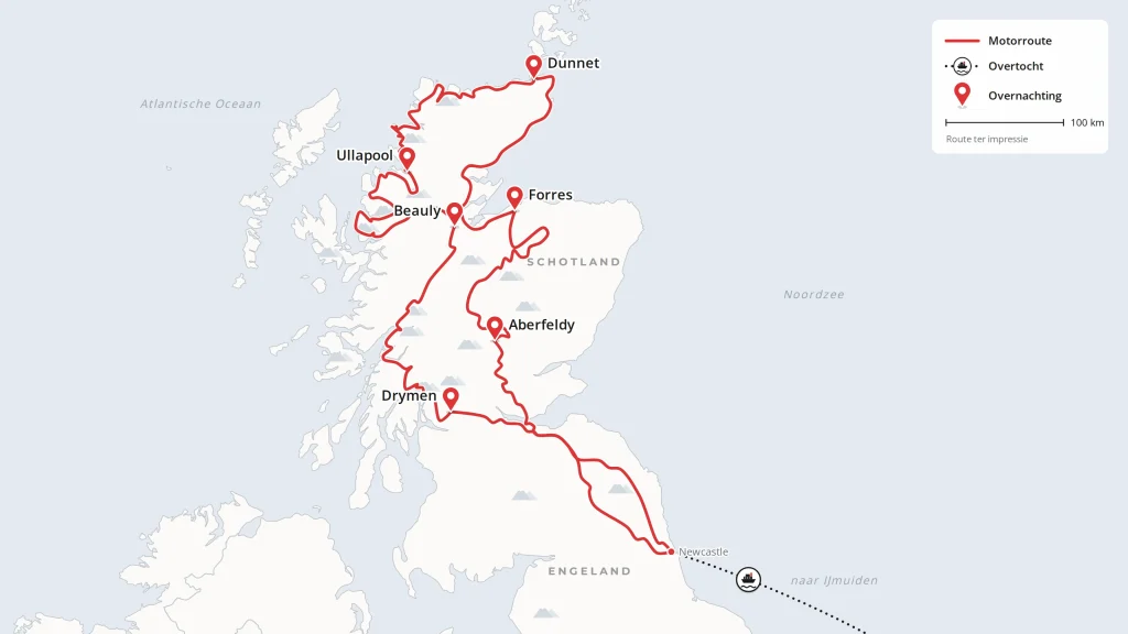 Routekaart van North Coast 500 en Highlands van Schotland