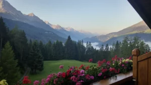 Uitzicht over bergdal en bossen vanaf balkon hotel Oostenrijk