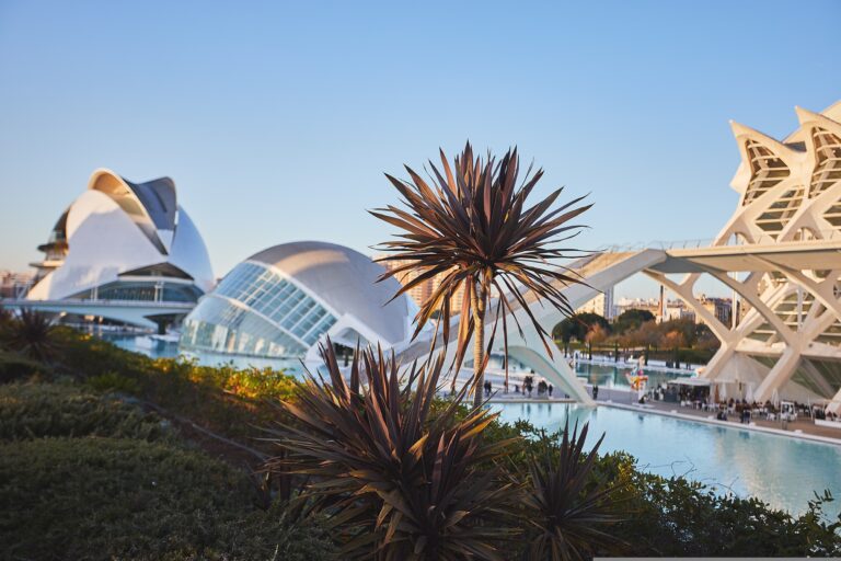 Moderne architectuur met futuristische gebouwen aan het water in Valencia